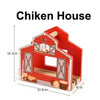 A red wooden chicken house model with a roof and door, designed for creative railway play.