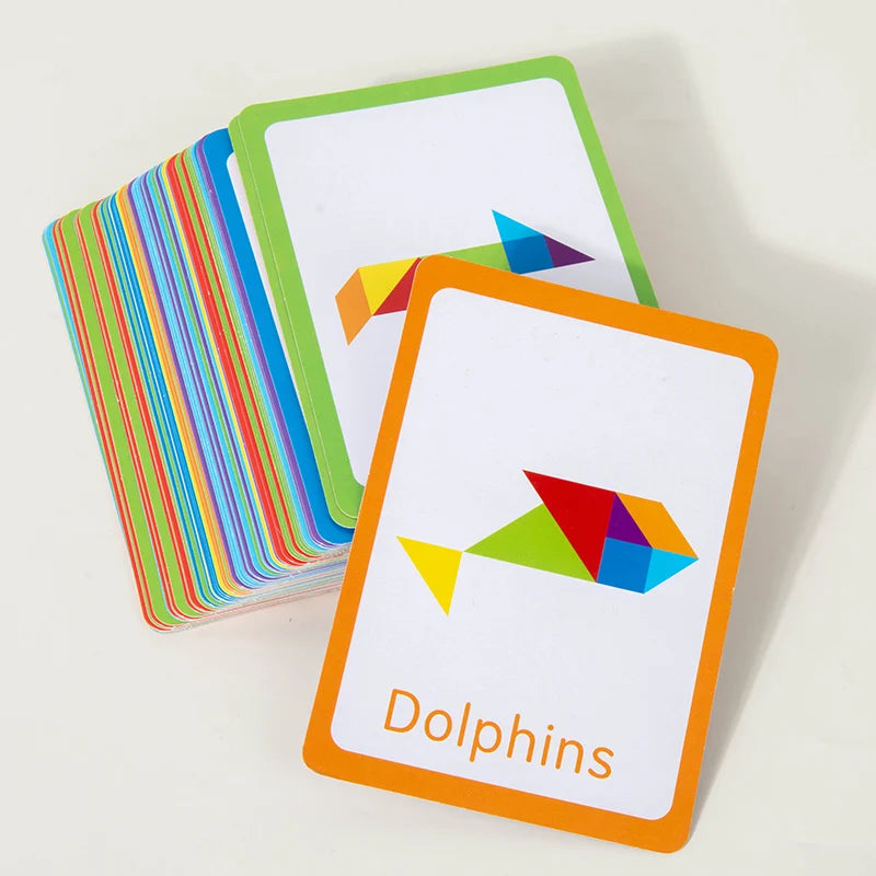 A stack of colorful wooden tangram puzzle cards with a card featuring a dolphin shape.