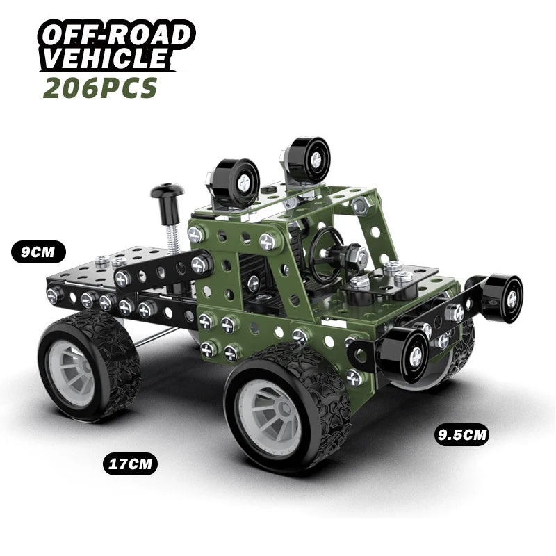 A green off-road vehicle model made of metal building blocks with large tires and an excavator-like structure.