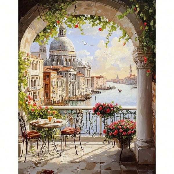 Pintura al óleo de una vista histórica de la ciudad enmarcada por un arco con exuberante vegetación y flores.