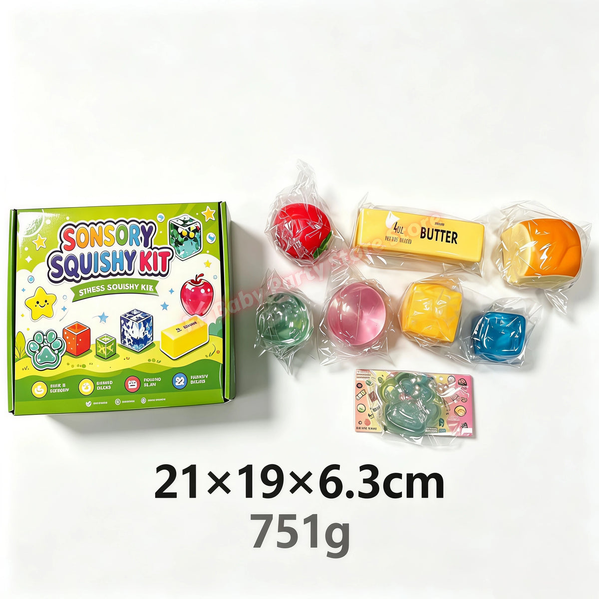 A box of a Sonsory Squishy Kit containing various squishy toys including a butter-yellow item, an orange item, and a blue ite