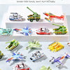 A collection of colorful, rounded foam puzzle toys and die-cast vehicles designed for children.
