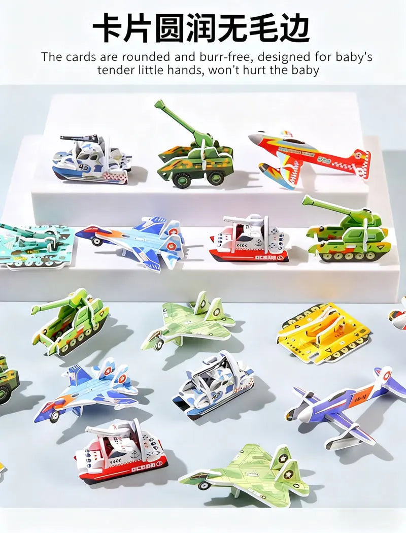 A collection of colorful, rounded foam puzzle toys and die-cast vehicles designed for children.