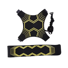 Black solo kick training belt with yellow geometric pattern and adjustable strap.