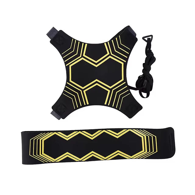 Black solo kick training belt with yellow geometric pattern and adjustable strap.