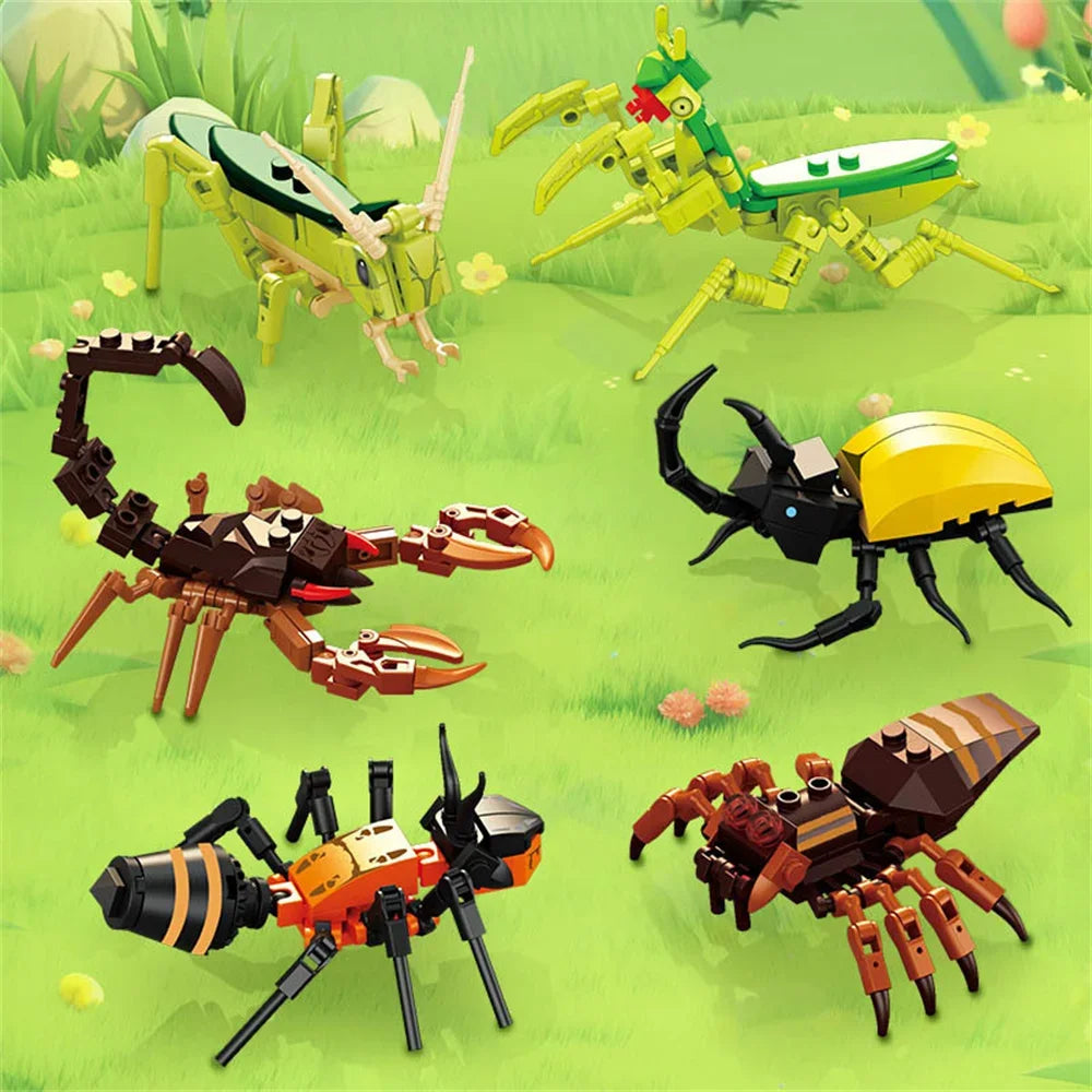A collection of insect building blocks including a bee, ant, and butterfly in various colors and forms.