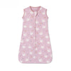 A pink cotton baby sleeping bag sleeveless anti-kick sack patterned with white and yellow cranes.