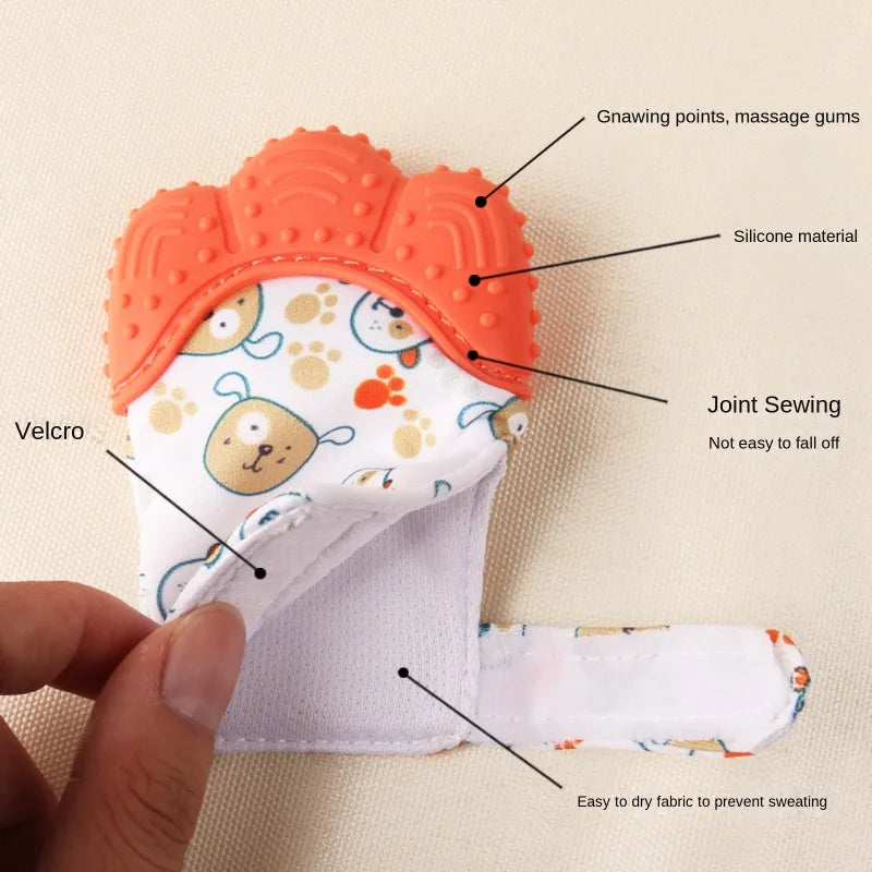 Orange silicone baby teething mittens with velcro and easy-to-dry fabric for soothing gums