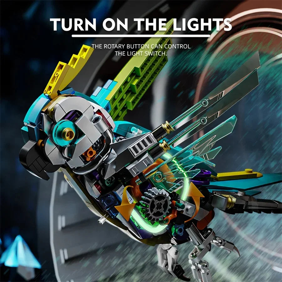 A detailed mechanical parrot building block kit with metallic silver and teal accents, shown in a dynamic angle.