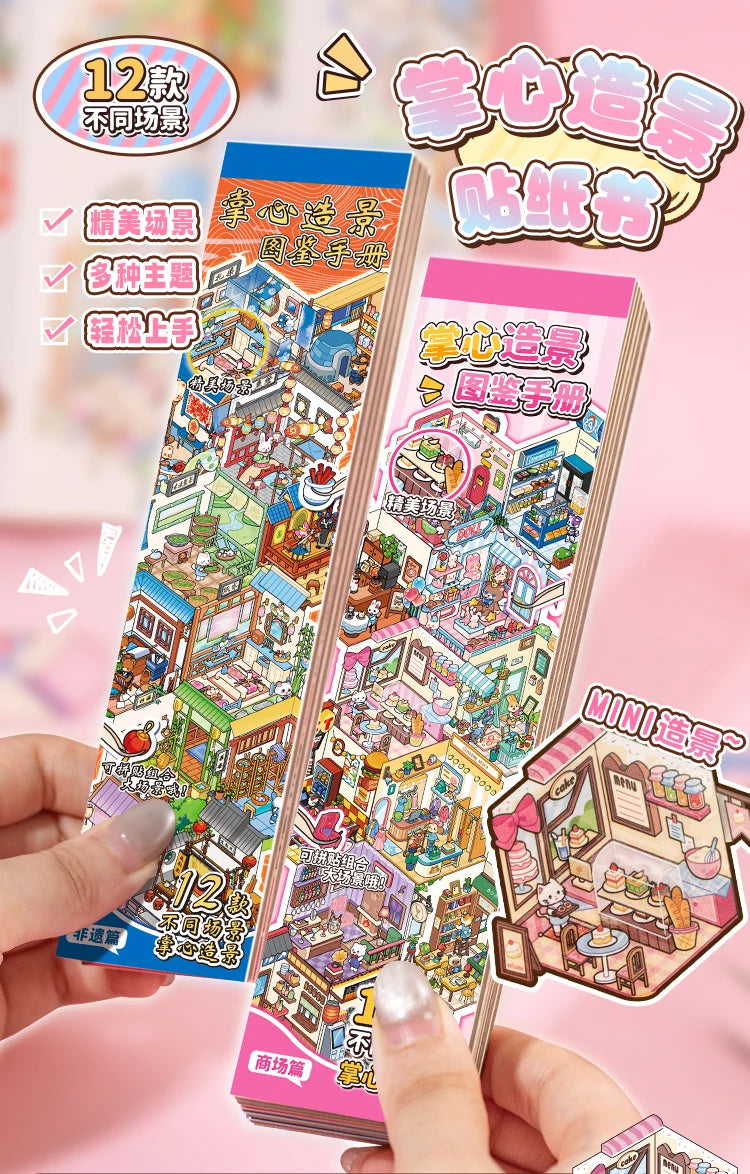 A hand holds a stack of 12 landscape stickers featuring colorful 3D buildings and scenes.