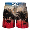 Men's beach swim shorts featuring a tropical coconut tree print on a dark fabric.