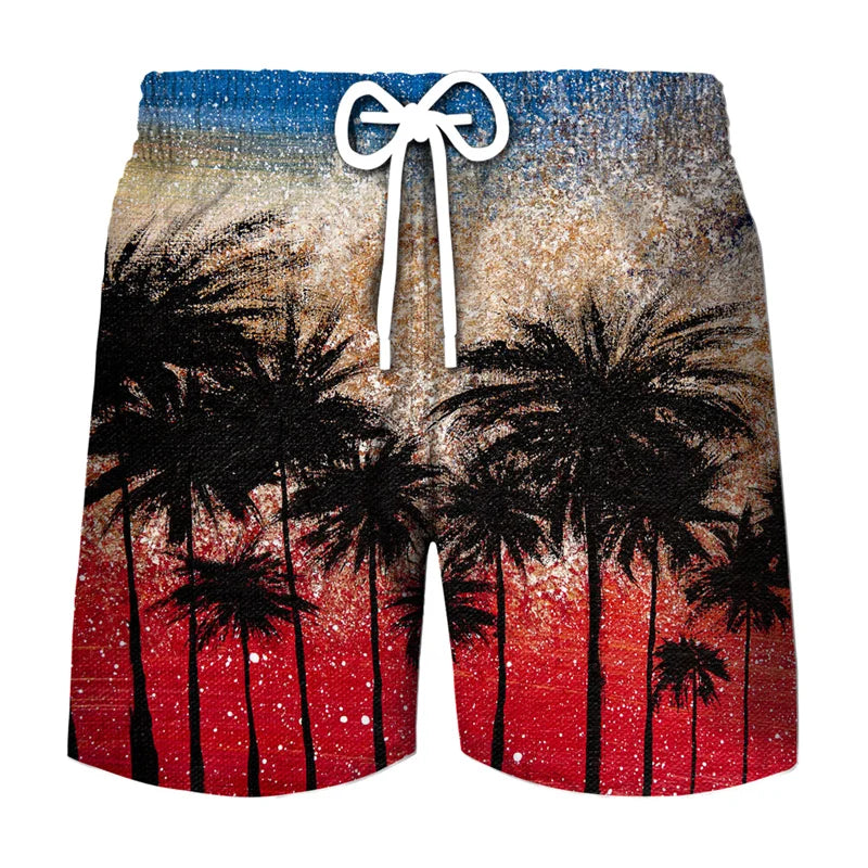 Men's beach swim shorts featuring a tropical coconut tree print on a dark fabric.