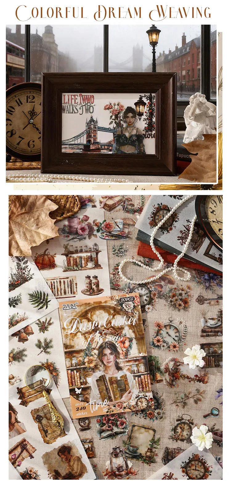 A collection of vintage lifestyle stickers featuring retro scenes and elegant female designs in a book format.