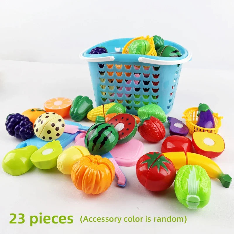 A colorful pretend play cutting food toy set with various fruits and vegetables stored in a blue shopping basket.