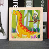 A wooden jigsaw puzzle featuring a yellow dinosaur and an owl in a green forest setting.