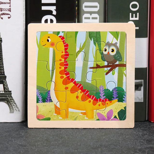 A wooden jigsaw puzzle featuring a yellow dinosaur and an owl in a green forest setting.