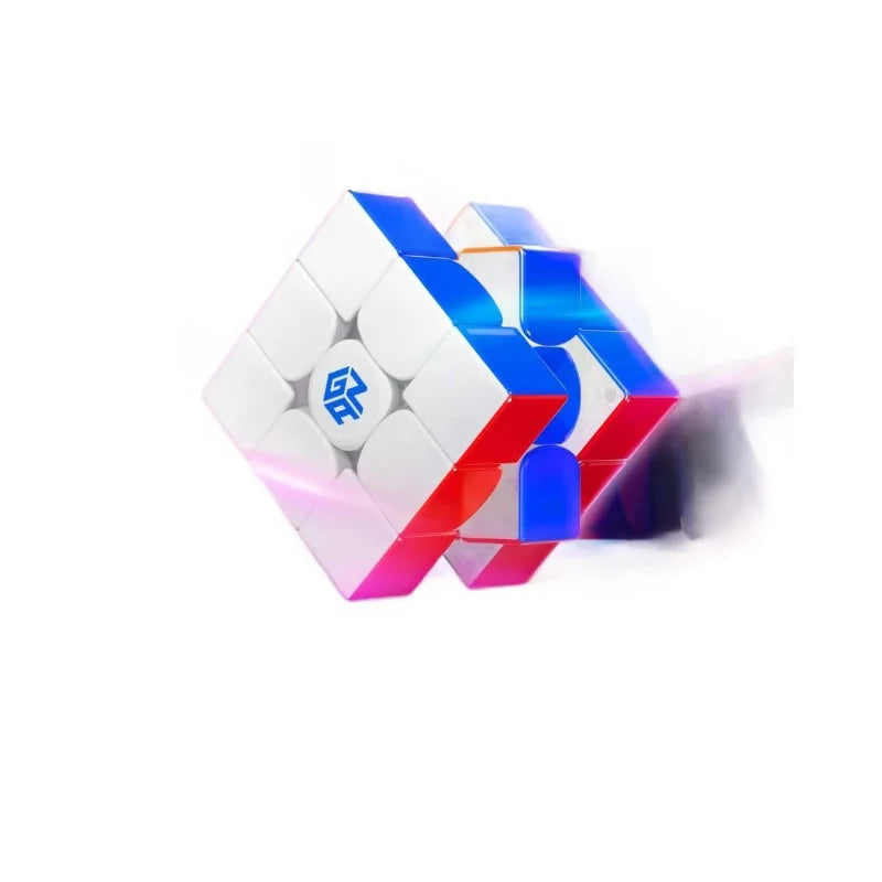 A close-up view of a GAN 16 Maglev Max UV 3x3 magnetic speed cube with translucent white and blue colored pieces.