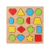A wooden puzzle board featuring colorful geometric shapes for toddlers to match and learn.
