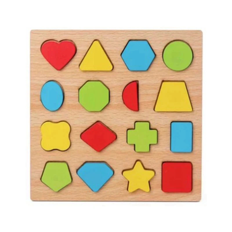 A wooden puzzle board featuring colorful geometric shapes for toddlers to match and learn.