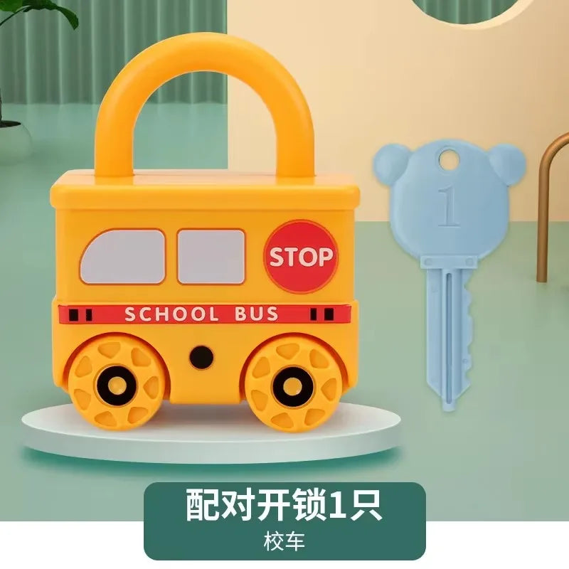 A yellow school bus toy with a stop sign and wheels, next to a blue key.