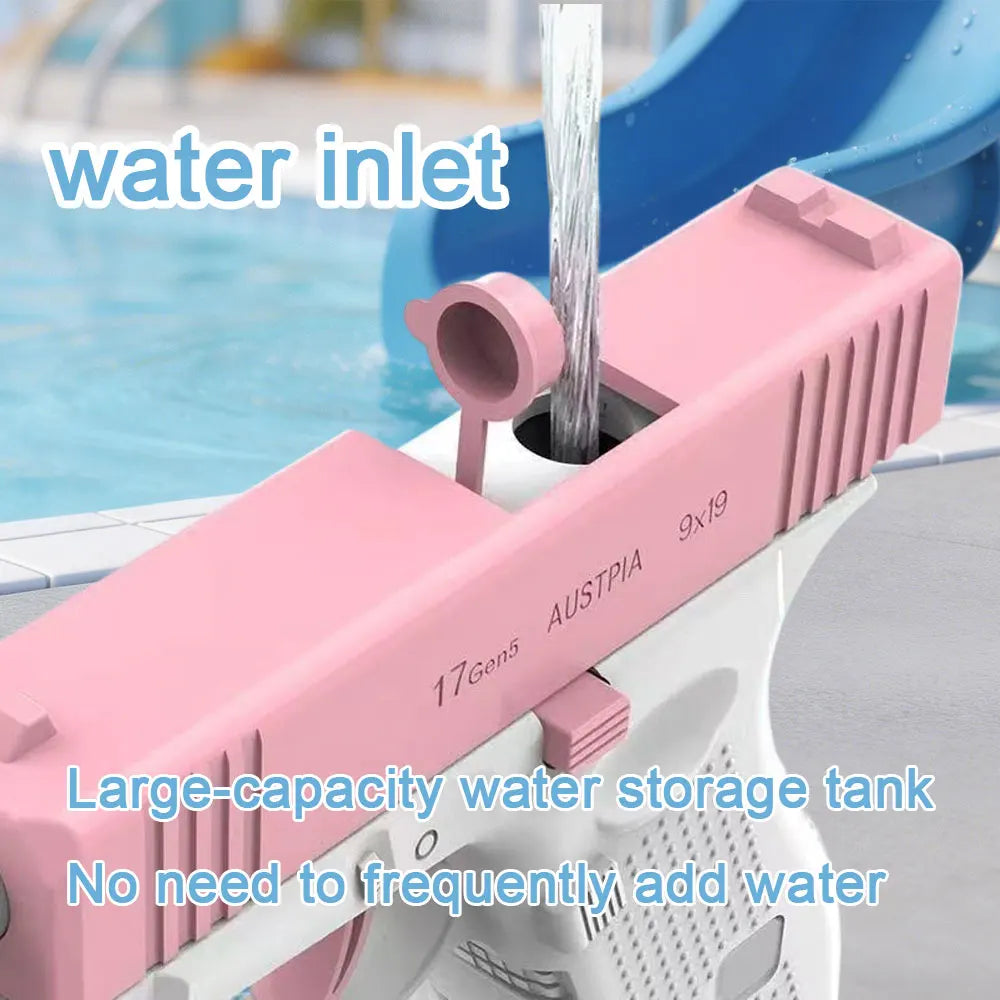 Pink large-capacity water storage tank and inlet for a tactical water blaster pistol