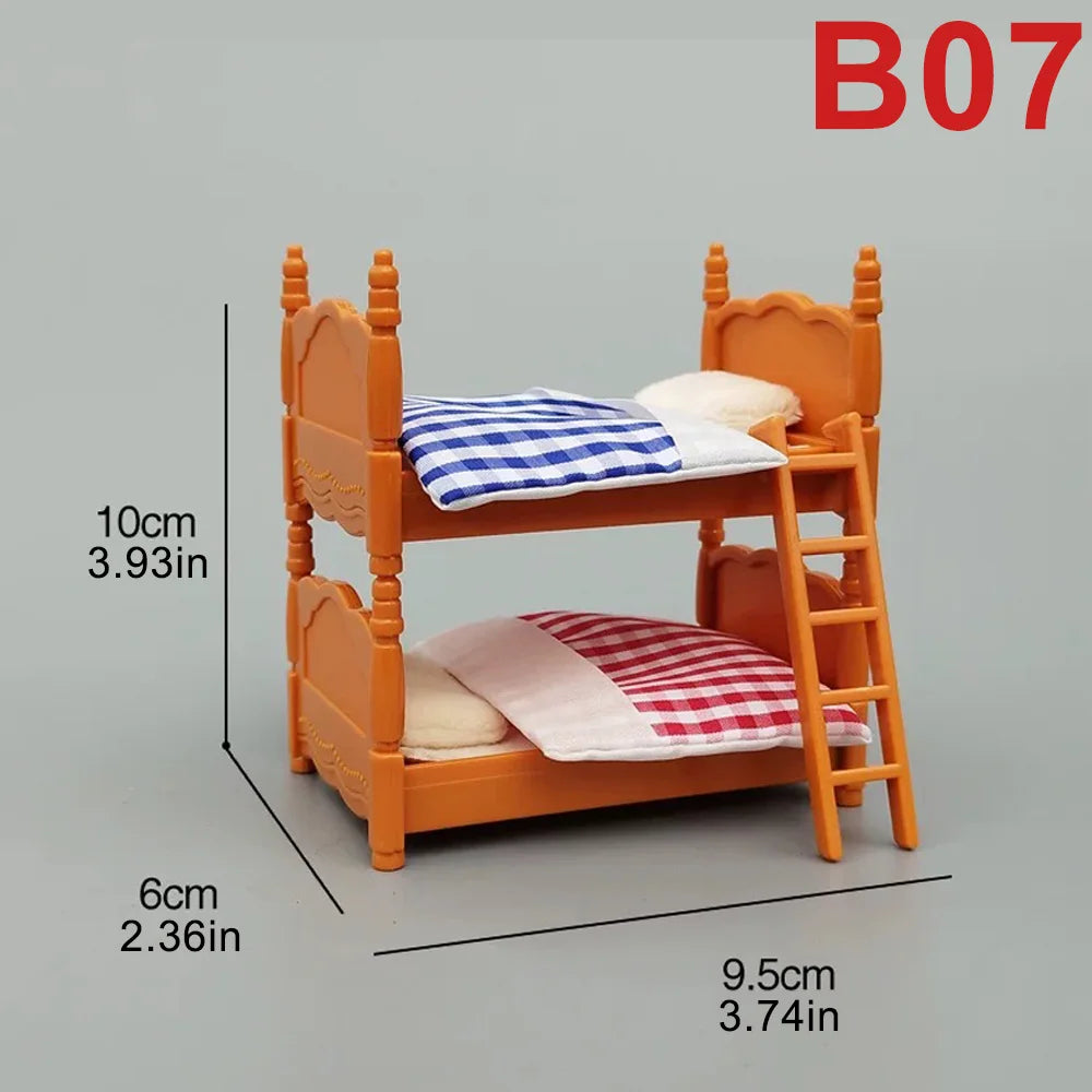 An orange miniature dollhouse furniture set featuring a bed with wooden railings and bedding.