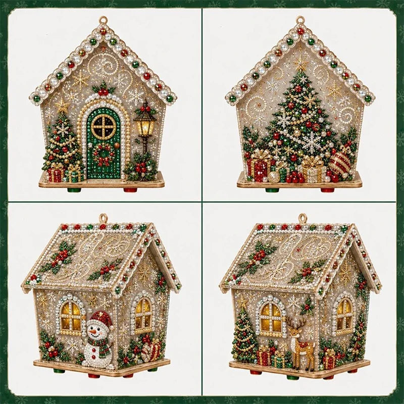 A set of DIY pearl art Christmas cottage ornaments featuring detailed scenes and festive decorations.