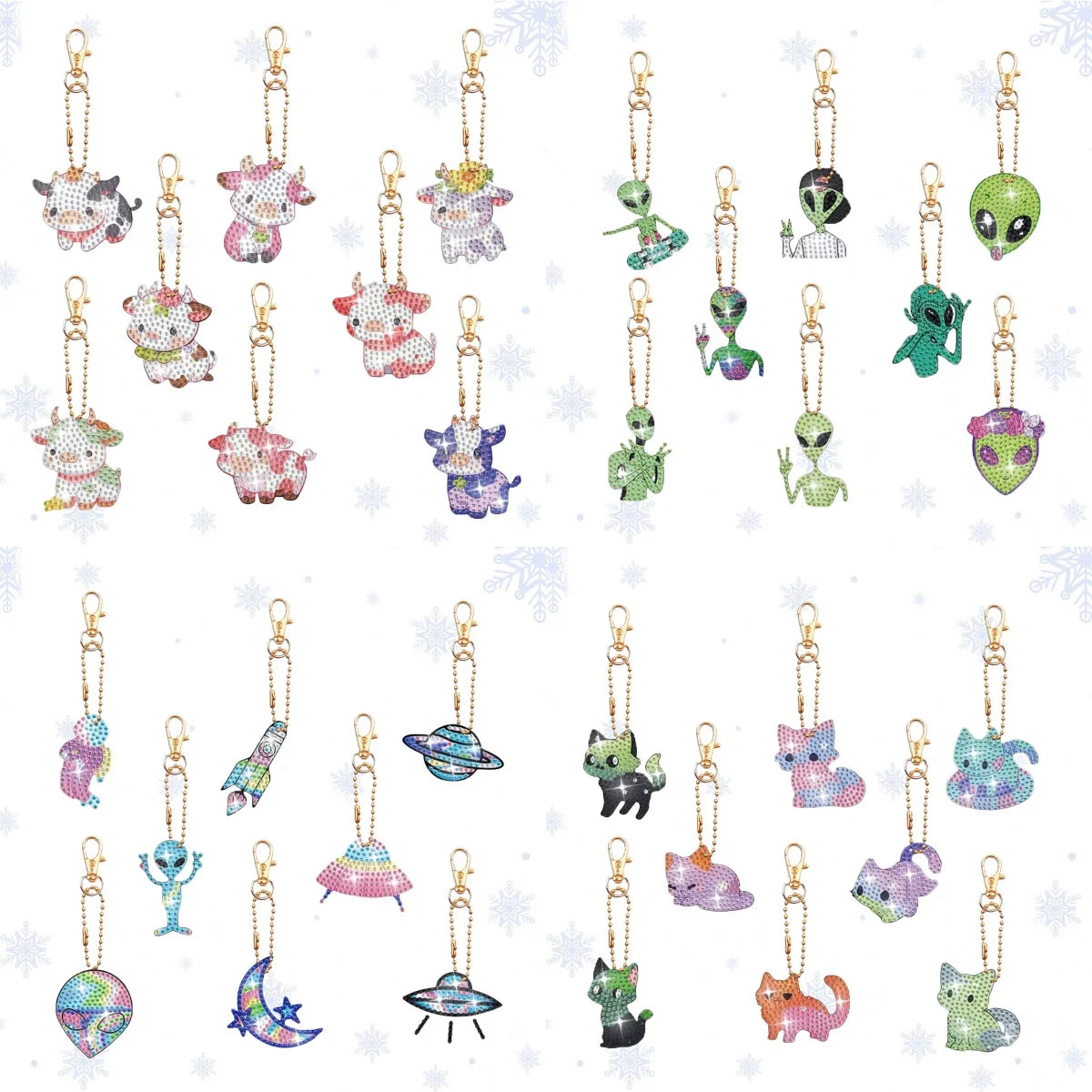 A collection of eight diamond art keychains featuring various animal figures and designs.