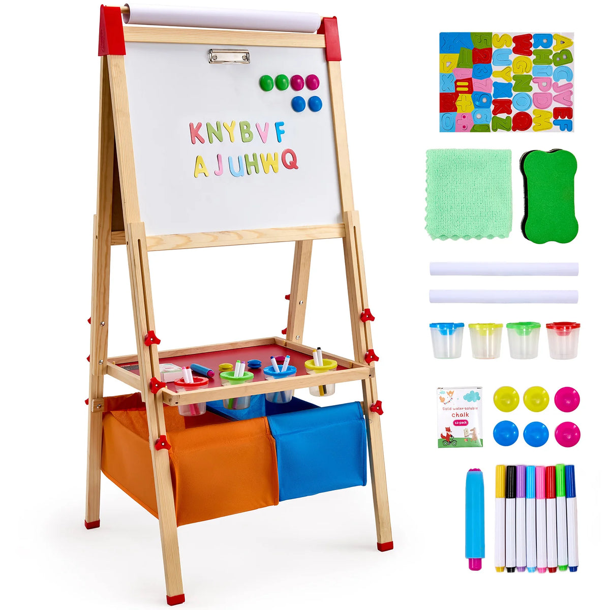 A wooden double-sided magnetic art easel with a chalkboard and whiteboard featuring colorful letters and shapes.