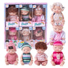 A set of realistic mini reborn baby dolls with various outfits and accessories displayed in packaging.