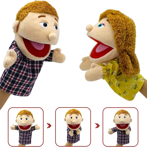 A set of plush family hand puppets featuring a male and female character.