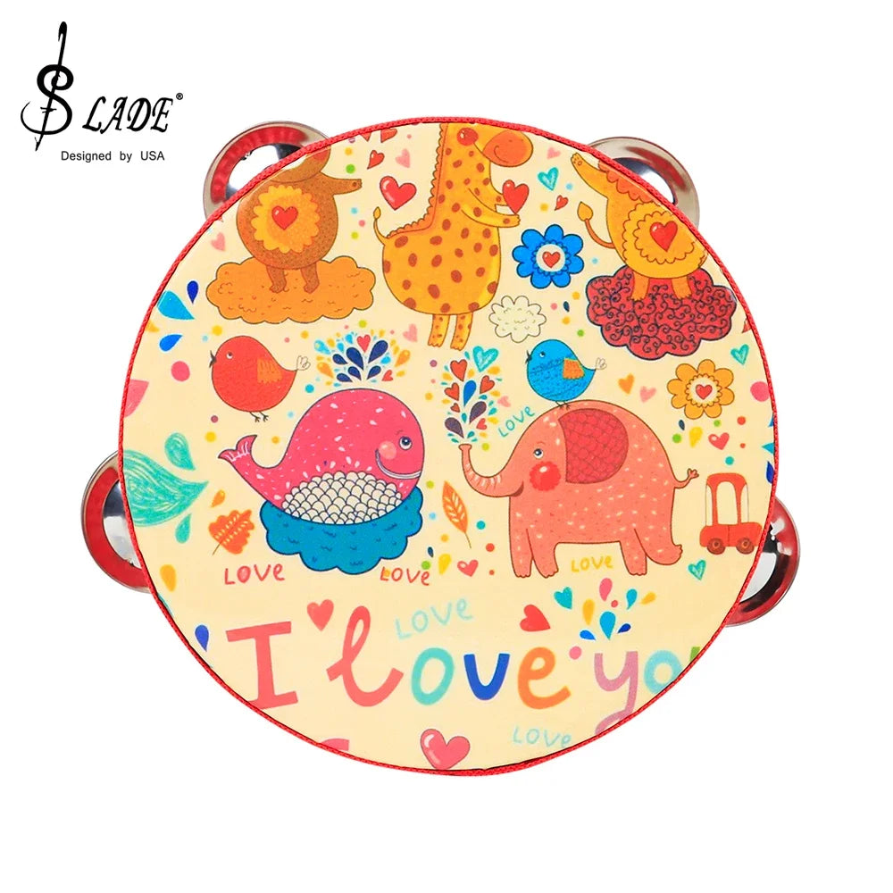 A round wooden tambourine with a colorful cartoon design featuring various animals and the text I love you