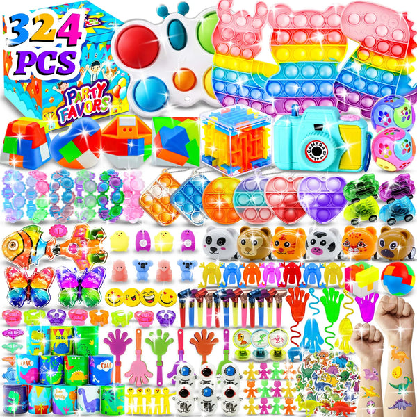 A colorful set of kids fidget toys and sensory items including pop-it toys, squishy balls, and various tactile gadgets.
