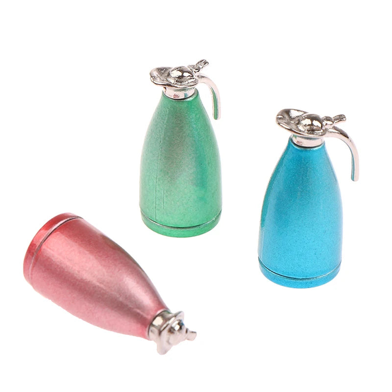 Miniature alloy kettle in mint green and pink colors for dollhouse kitchen decor
