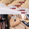 A beige car seat protector with a soft, non-woven fabric lining is shown inside a car seat.