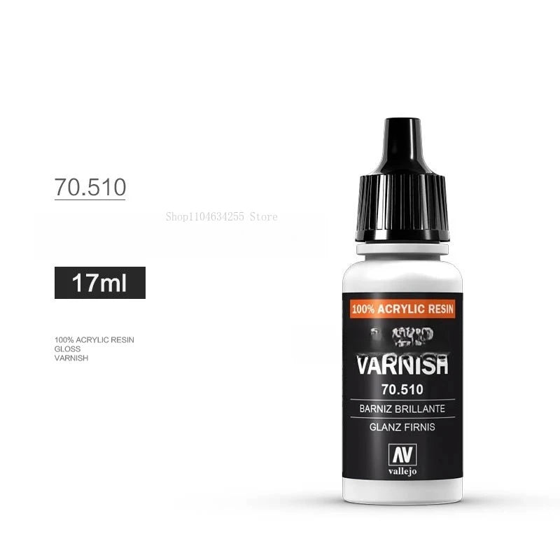 A glass bottle of varnish labeled 70.510 with a black dropper cap and a white label.