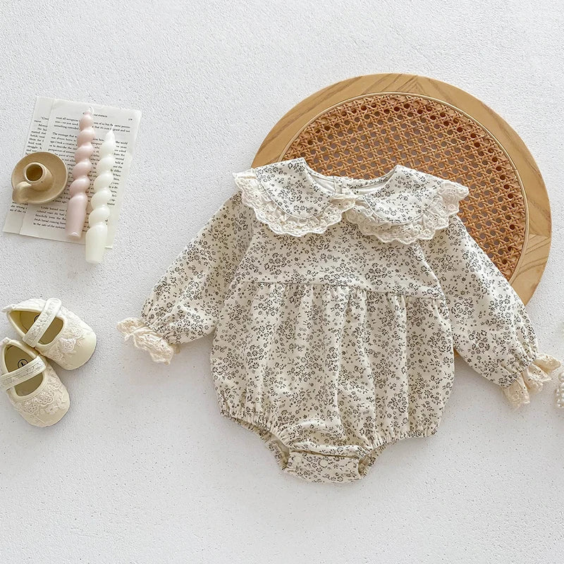 Baby Girls Lace-Trim Cotton Romper with Floral Details