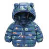 A navy blue kids' cartoon hooded puffer jacket with a zipper, featuring green and yellow animal designs.
