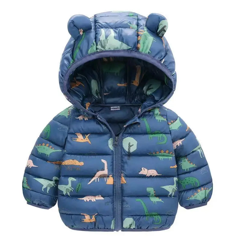 A navy blue kids' cartoon hooded puffer jacket with a zipper, featuring green and yellow animal designs.