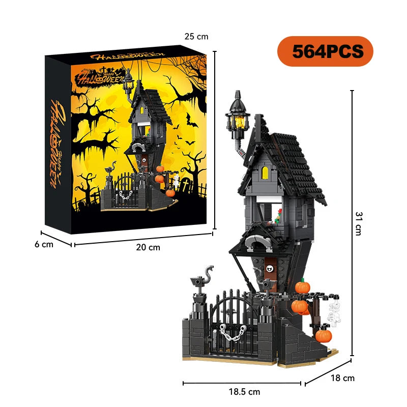 A set of 564 pieces building a spooky Halloween castle and haunted tree house structure.