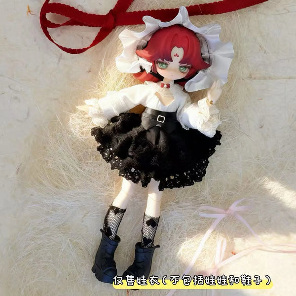 A doll outfit featuring a white blouse, black ruffled skirt, and black boots with white lace, styled as a summer maid dress.
