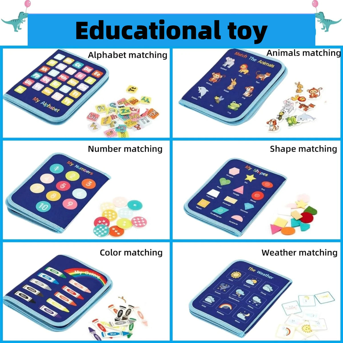 A set of educational toys featuring various matching activities like alphabet, animals, numbers, shapes, colors, and weather.