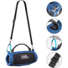 Blue silicone protective case for a JBL speaker with a black strap.