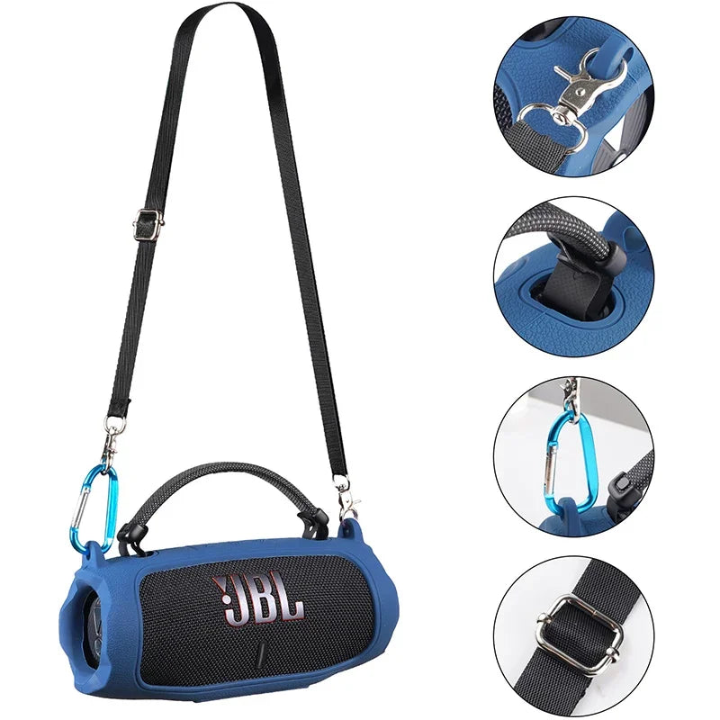 Blue silicone protective case for a JBL speaker with a black strap.