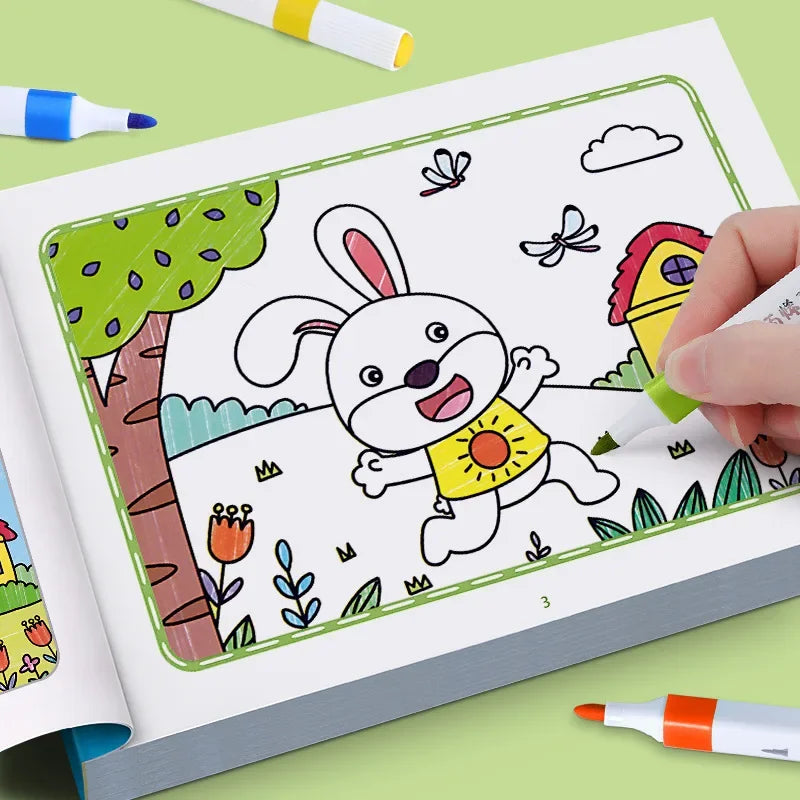 A hand is coloring a cartoon rabbit in a children's coloring book featuring a tree and grass.