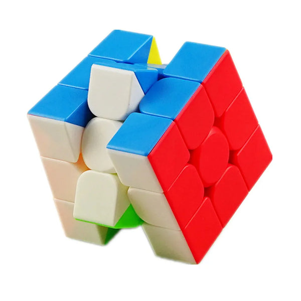 A stickerless 3x3 magic cube puzzle with colored blocks in a tetrahedral shape.