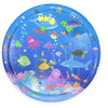 A circular blue plastic water play mat featuring colorful fish, sea creatures, and underwater plants for baby learning.