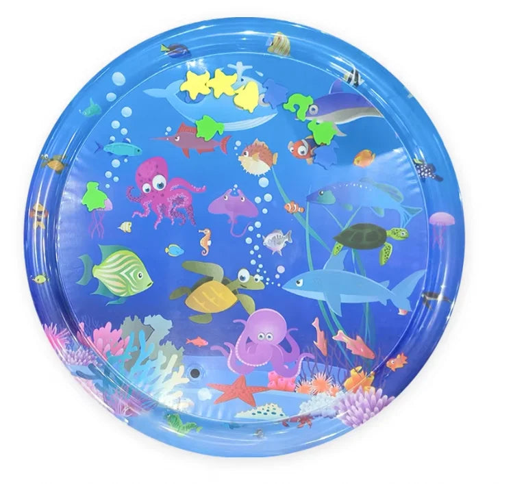A circular blue plastic water play mat featuring colorful fish, sea creatures, and underwater plants for baby learning.