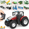 A remote control tractor model is shown with various attachments and a trailer, demonstrating its functionality.