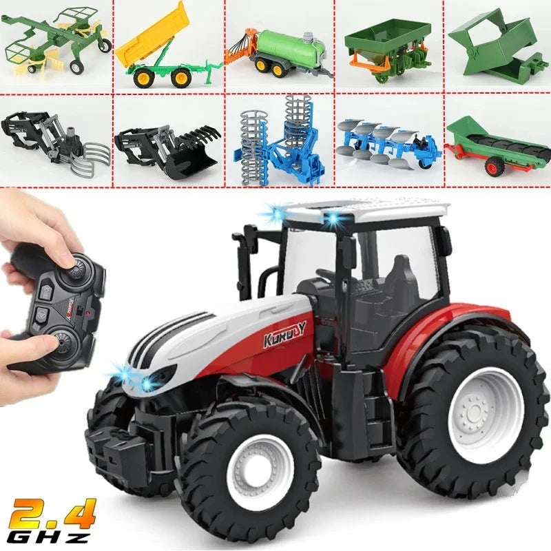 A remote control tractor model is shown with various attachments and a trailer, demonstrating its functionality.